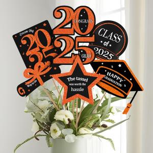 Graduation Decorations 2025 Deals - 30 Pack Orange and Black Grad Centerpiece Sticks, Class of 2025 Ornament Party Supplies Table Topper Decor for Kindergarten Preschool High School College