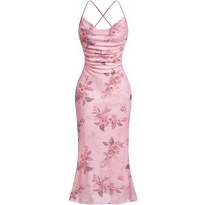 SOLY HUX Women's Floral Mesh Bodycon Cami Dress Cowl Neck Sleeveless Cocktail Party Wedding Guest Long Maxi Dresses Pink Floral X-Large