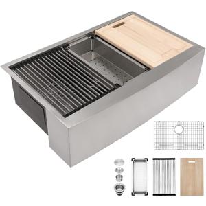 Kichae 33 Farmhouse Sink Stainless Steel - 33 Inch Kitchen Sink Apron Front Ledge Workstation 16 Gauge Stainless Steel Single Bowl Handmade Farm Style Kitchen Sinks