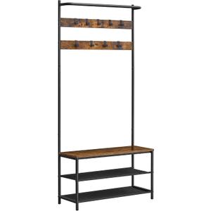 VASAGLE Hall Tree with Bench and Shoe Storage, Entryway Bench with Coat Rack Stand and Shoe Rack, 9 Movable Hooks, Top Bar, Fabric Shelves, Industrial, Rustic Brown and Black UHSR421B01
