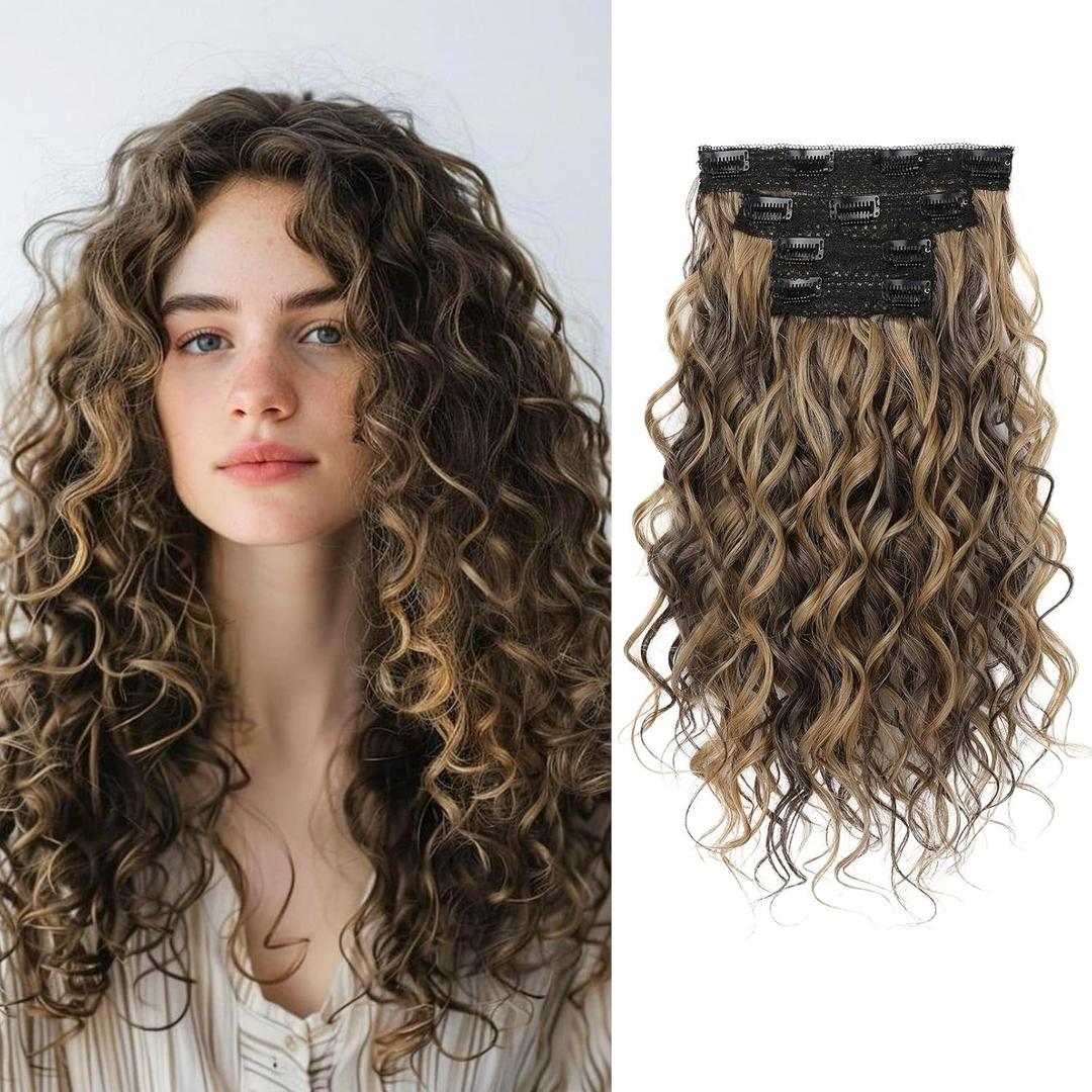 REECHO Curly Hair Extensions, 4PCS 16 inch Clip in Hair Extensions Lace Weft Short Curly Hair Extensions Clip Ins Invisible Natural Hairpieces for Women, Chocolate Brown with Highlights