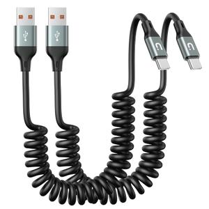 UYOUNG USB C Cable for Car 3FT, Coiled USB A to USB C Fast Charging Cable, USB-C Cable Compatible with iPhone 17/16/15/Samsung Galaxy S20 S10 S9 S8 Plus Note 10 9 8 and More USB C Devices (Grey)