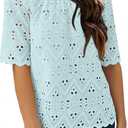 BETTE BOUTIK Womens Lace Tops 2025 Trendy Long Short Sleeve Eyelet Embroidered Dressy Casual Blouse Shirts (Blue, M)