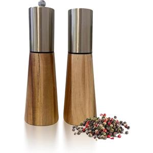 Salt and Pepper Grinder Set,Stainless Steel Manual Salt and Pepper Mill,Adjustable Thickness,Suitable For Kitchen,Barbecue,Picnic,2 Packs (7 inch, golden wood)