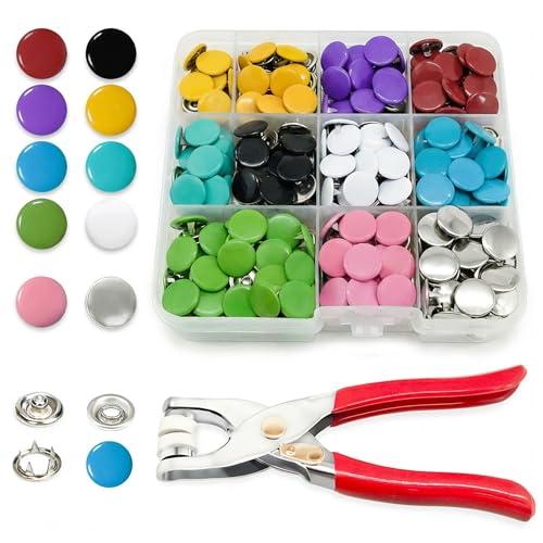 PIGORY Metal Snap Button Kit, 10 Colors Solid Snaps for Fabric with Fastener Pliers Press Tool Kit, 9.5mm Sewing Snaps for DIY Crafting Clothing(100Set)