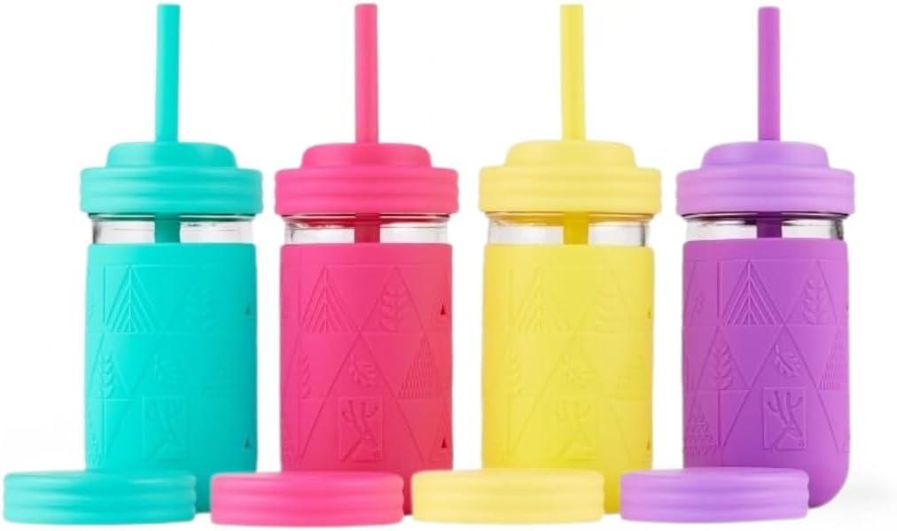 Elk and Friends Kids + Toddler Glass Cups | The Original 12oz Glass Mason Jar with Sleeves + Lids | Silicone Straws + Stopper | Smoothie Cup | Food Storage | Spill Resistant | Dishwasher Safe | 4 Pack (Purple/Pink/Teal/Yellow)