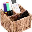 Wicker Remote Control Holder Hand Woven Water Hyacinth Storage Basket with 3 Compartments,Cosmetic Storage Box for Desk,Home Organization