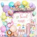 Pastel Balloons Different Sizes 18 10 5 Inch, Macaron Rainbow Latex Balloon Arch Kit for Baby Girl 1st Birthday - Including Balloon Boxes, Backdrop, High Chair Banner, Crown, and Photo Banner (Colorful)