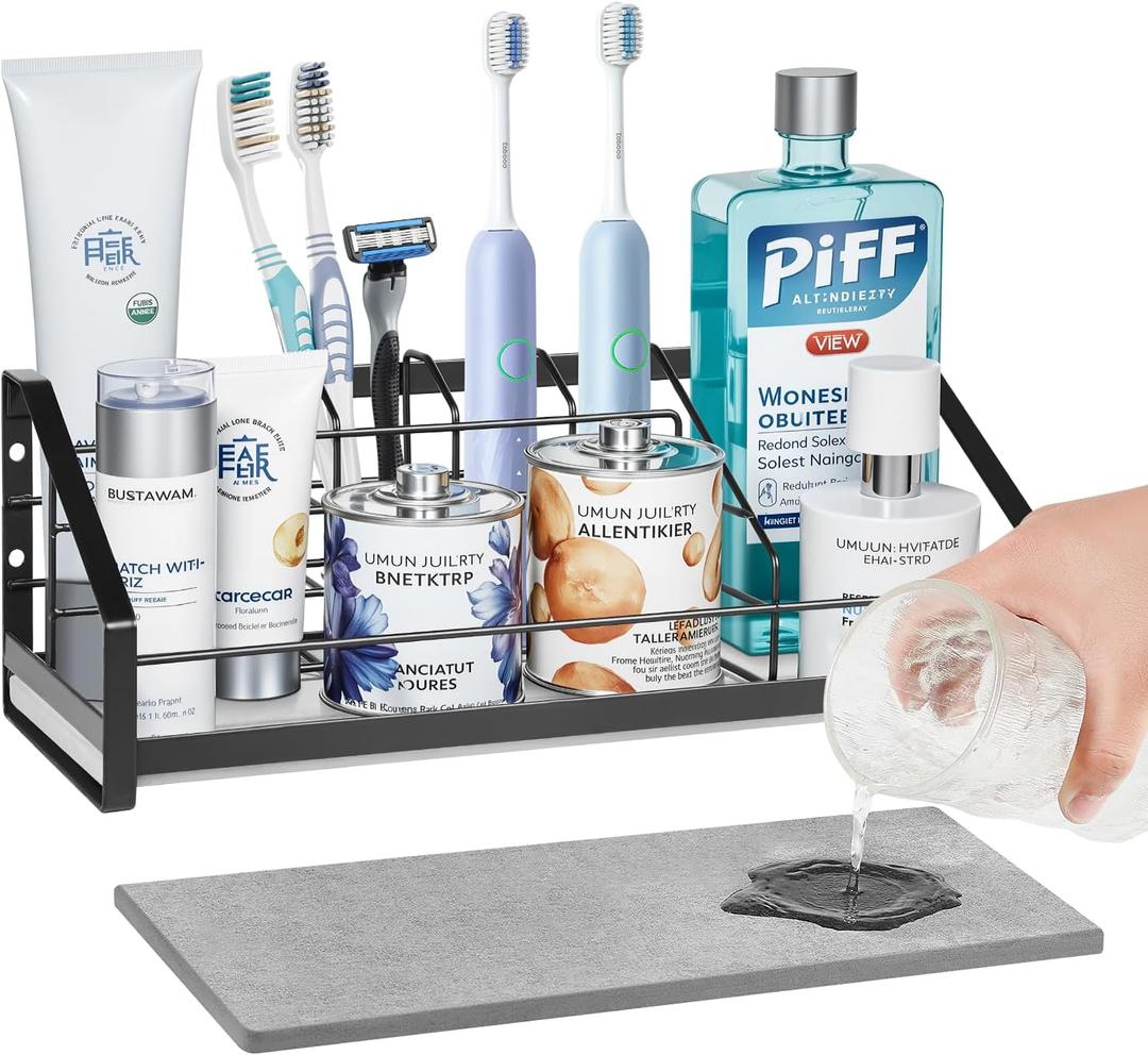 Toothbrush Holder with Instant Drying Diatomite Base  Bathroom Countertop Organizer for Electric Toothbrush, Toothpaste, Sink Accessories  Waterproof Steel Toothbrush Stand for Bathroom Vanity