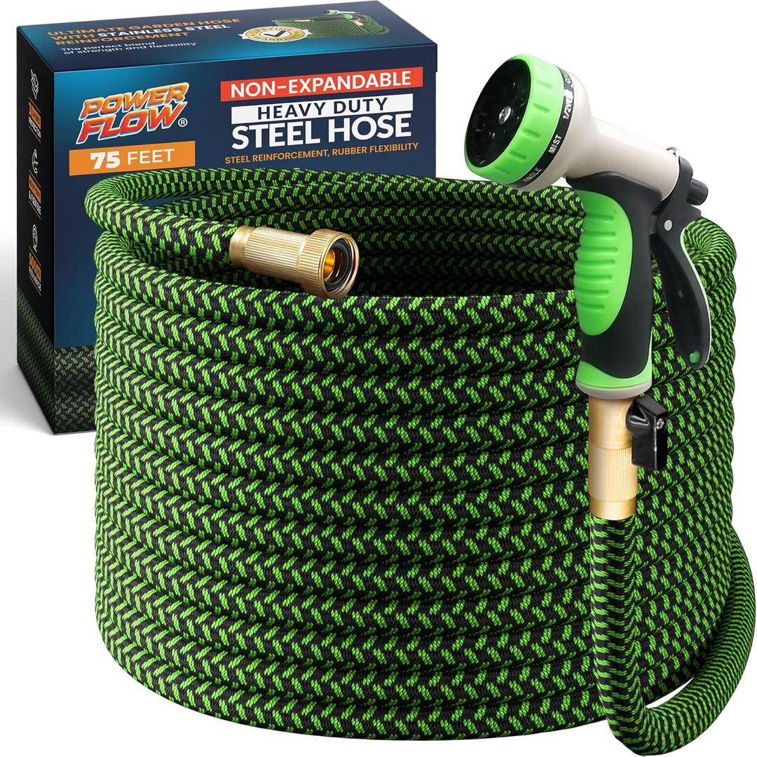 PowerFlow Garden Hose, NON-EXPANDABLE 75 Feet Premium Quality Stainless Steel Metal Water Hose with Durable Fabric Skin, Hose For Commercial, Residential Use, Bonus 10-way Spray Nozzle (75 Ft, Green)