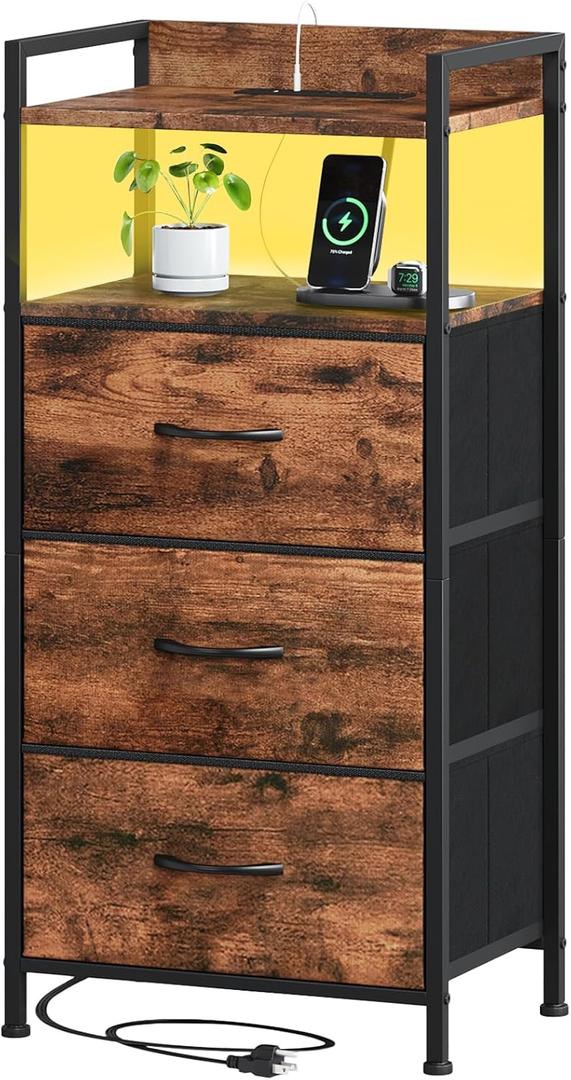 Somdot Tall Nightstand with Charging Station and LED Light for Bedroom, 3 Drawers Dresser with Fabric Bins for Bedside Kids Dorm Room Closet Laundry Entryway, Wood Grain Print