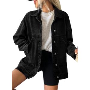 SHEWIN Womens Denim Jacket Casual Long Sleeve Drop Shoulder Button Front Jean Jacket Coat With Pockets (Small, Black)