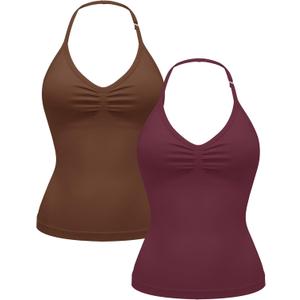 OLCHEE Womens Halter Tank Tops V Neck Impact Backless Longline Strappy Adjustable Gym Workout Top Padded (S)