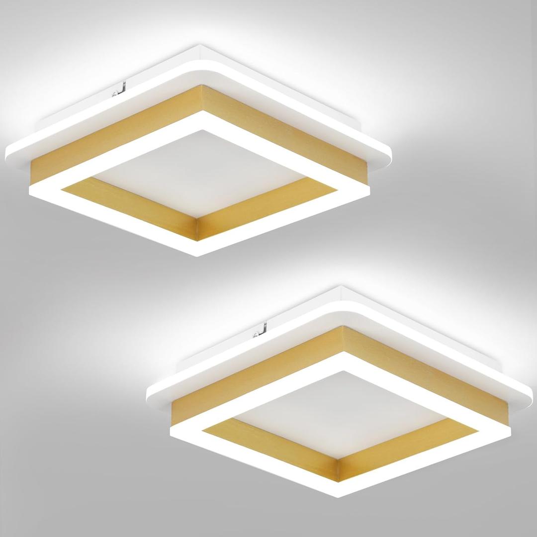 CANEOE 2 Packs Square Flush Mount Ceiling Light, 6000K Modern LED Ceiling Light Fixture, Minimalist Hallway Lighting Fixture Ceiling Lamp for Hallway Entryway Bedroom Balcony (Gold)