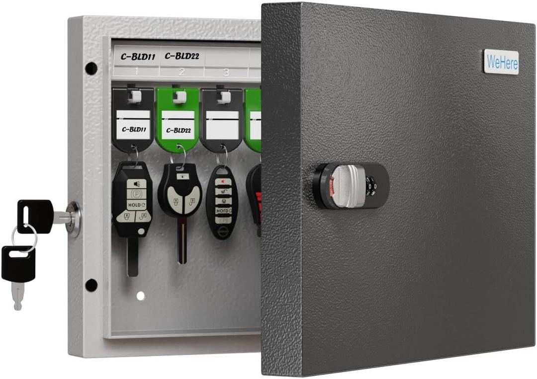 WeHere 16 Key Lock Box Wall Mounted Key Cabinet with Dual Lock (Key & 3-Digit Combination), Home & Small Office Key Organizer for Entryway & GarageIncludes Key Tags