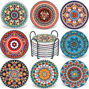 Coasters for Drinks,AODINI Set of 8 Absorbent Stone Coasters for Wooden Table, Mandala Ceramic with Cork Base, Gift for Housewarming Birthday and Family - Great Home and Dining Room Decor