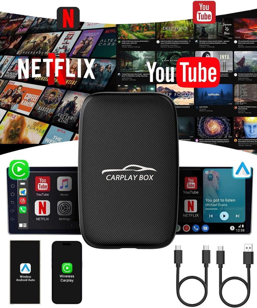 5-in-1 Android Auto Wireless Adapter and Apple CarPlay Adapter, Wireless Carplay Adapter with Netflix YouTube TF Card, Plug & Play, Easy Setup, Magic Video Ai Box for OEM Wired Apple Car Play Cars (Mini Size)