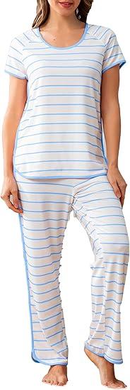 Stripe Women's Pajama Set Luxurious Sleepwear Sets, Two-Piece Loungewear PJs Sets for Nightwear, Lounge Set & Sleepwear (Medium, White-blue) Stripe Women's Pajama Set Luxurious Sleepwear Sets, Two-Piece Loungewear PJs Sets for Nightwear, Lounge Set & Sleepwear (Medium, White-blue)