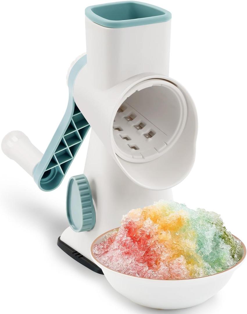 Rotary Ice Shaver with Handle Manual Hand Crank Snow Cone Maker Machine Qucik Shaved Ice Maker with Suction Feet, All Ice Cubes Fitted .Premium Portable Ice Crusher and Shaved Ice Machine. (White)