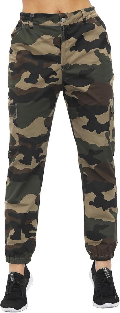 ZODLLS Women's Camo Pants Cargo Trousers Cool Camouflage Pants Elastic Waist Casual Multi Jogger Pants with Pocket (Brown, XXL)
