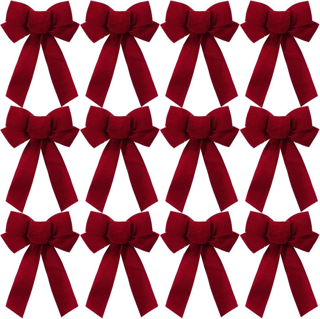 Crowye 12 Pcs Large LED Valentines Bows Lighted Velvet Bows Decoration Wreath LED Light Bow Christmas Tree Topper for Indoor Outdoor Xmas Winter Decoration(5 x 8 Inches,Burgundy)