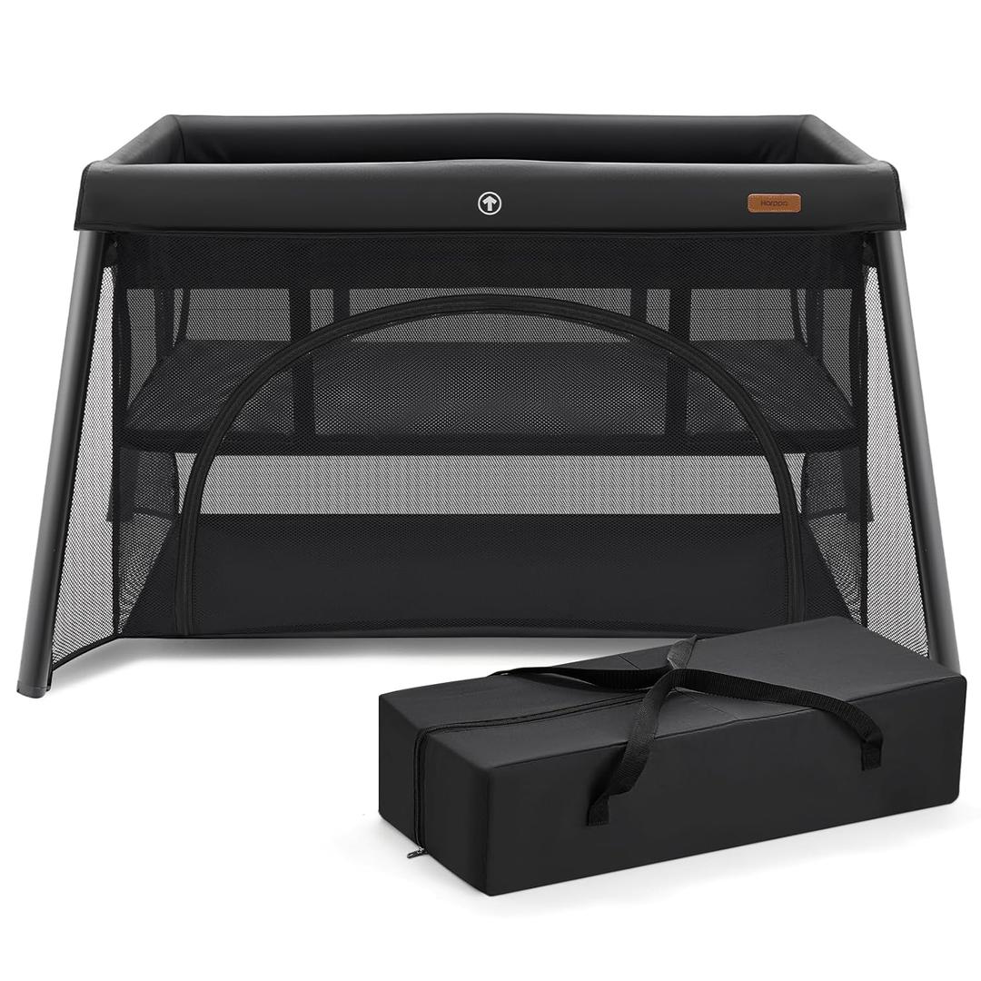 HARPPA Travel Crib, Lightweight Portable Crib Requires No Assembly, Foldable Pack and Play for Baby and Toddlers, Compact Play Yard with Bed,Black