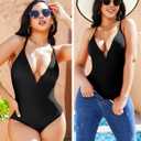 SHAPERIN Women's One Piece Swimsuit Deep V Neck Bathing Suits Tummy Control Push Up Padded Swimwear (Black, L)