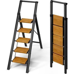 5 Step Ladder, Portable Step Ladder with Anti-Slip Wide Pedal, Aluminum Foldable Step Stool with Handrail,330lbs Capacity Stepladder for Home, Office, Library (Black Woodgrain)
