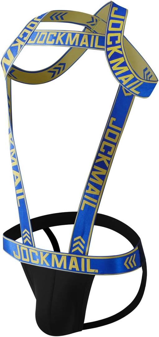Mens Harness Sport Shoulder Strap with Jock Strap Fitness One-piece Harness with Jockstrap Bodysuit (Medium, Blue)