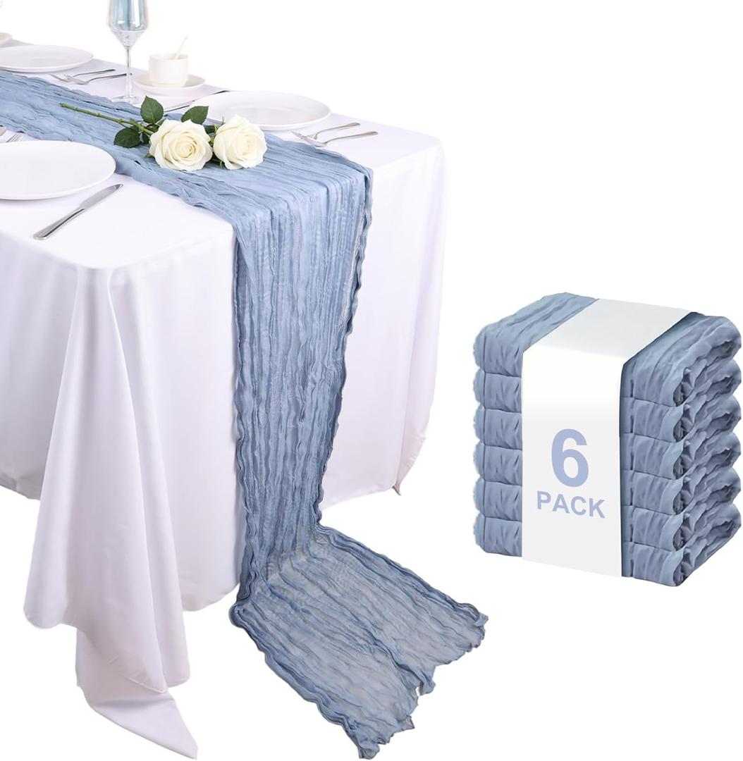 Wigenius 6 Pack Dusty Blue Cheesecloth Table Runner Semi-Transparent Fabric 35 X 120 Inch Boho Restic Gauze Table Runners for Wedding Party Baby Shower Decoration