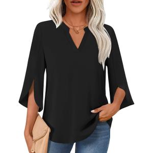 Findsweet Womens Tops Dressy Casual Summer Ruffle 3/ 4 Sleeve V Neck Chiffon Blouses Tunics Tops 3XL, Black