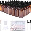 48 Pack 2oz Amber Glass Bottles with Glass Eye Droppers for Essential Oils, Perfumes & Lab Chemicals (Brush, Funnels, 2 Extra Droppers, 54 Pieces Labels & 30ml Measuring Cup Included)