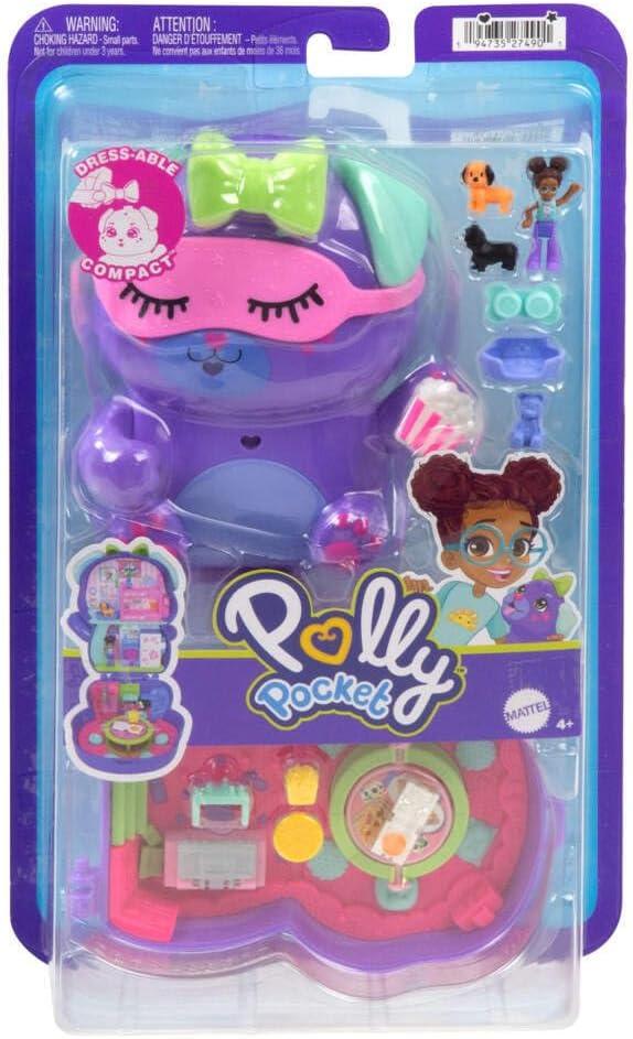 Polly Pocket Dolls and Playset, Sleepover Puppy Compact, Travel Toy with 1 Micro Doll, Pet Dogs, Food & Fashion Styling Accessories