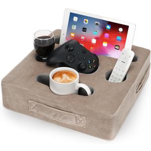 STBoo Couch Cup Holder Pillow Tray - Sofa Drink Cup Holder Cozy Buddy | Bed Caddy Organizer for Remote, Snacks Beverage, Phones, Tablet | Use it on Car, Pack, Beach, RV, Boat, Bedroom (Light Brown) (XL-13.5x13.5x3.75inch)