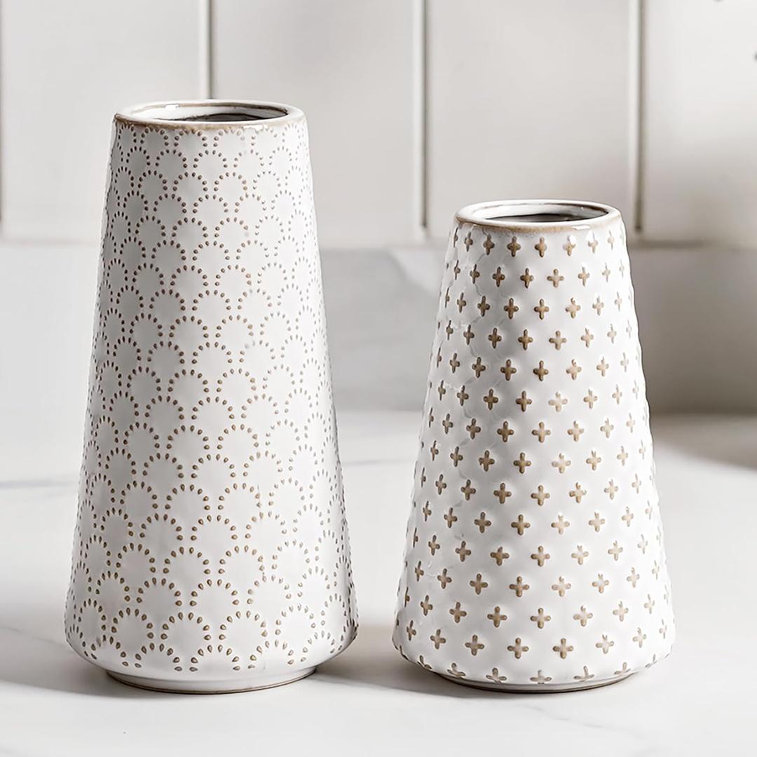 Ceramic Vase for Decor, 6 Inch+7.1 Inch White Flower Vase for Lego Flowers, Tulip and Pampas Grass, Embossed Farmhouse Vases for Center pieces, Home Living Room Dining Table Office Decor, Arctic White