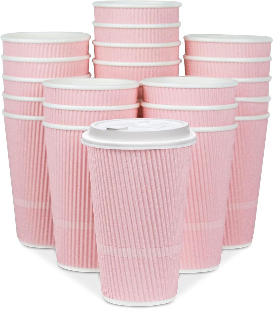 Disposable Coffee Cups With Lids - 16 oz To Go Coffee Cup (70 Pack). Large Travel Cups Hold Shape With Hot and Cold Drinks, No Leaks! Insulated Ripple Cups Protect Hands, No Sleeves needed! (Pink Crepe)