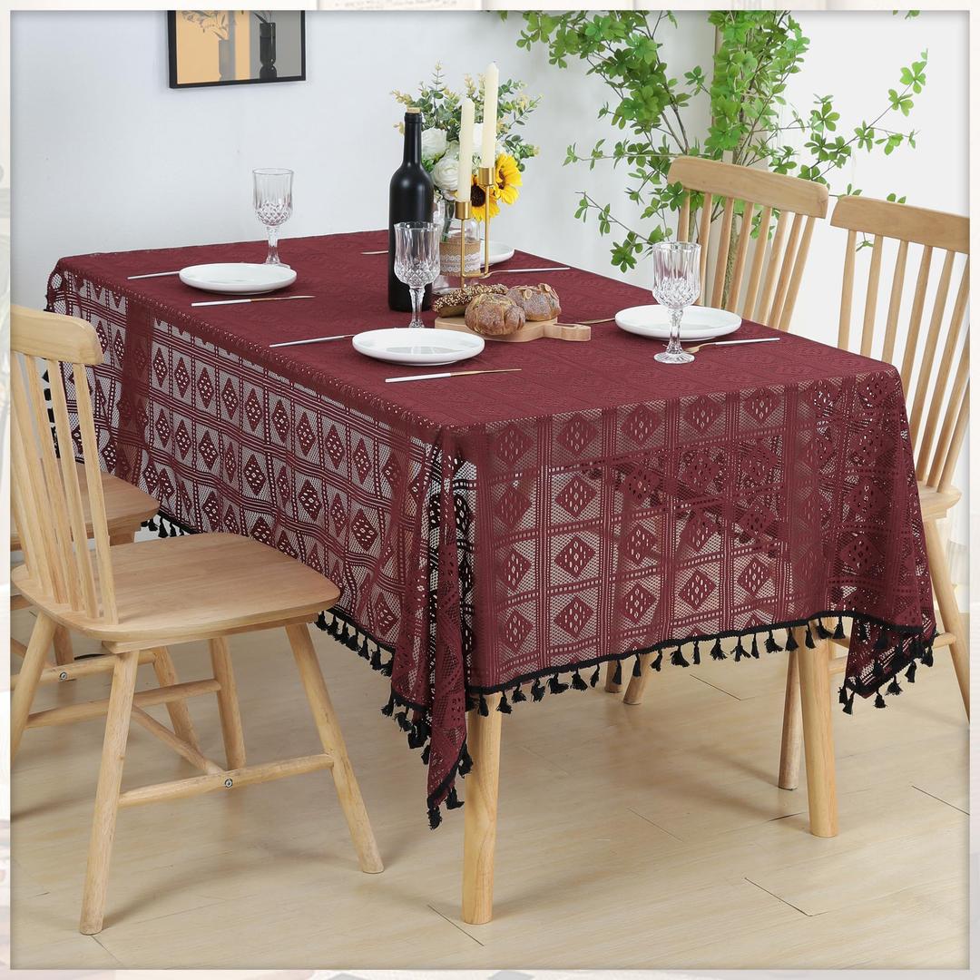 Burgundy Chrochet Lace Tablecloths Rectangle Table Cloths Openwork Table Cover for Wedding Party Holiday Dinner Home Decoration (55"x90", Burgundy)