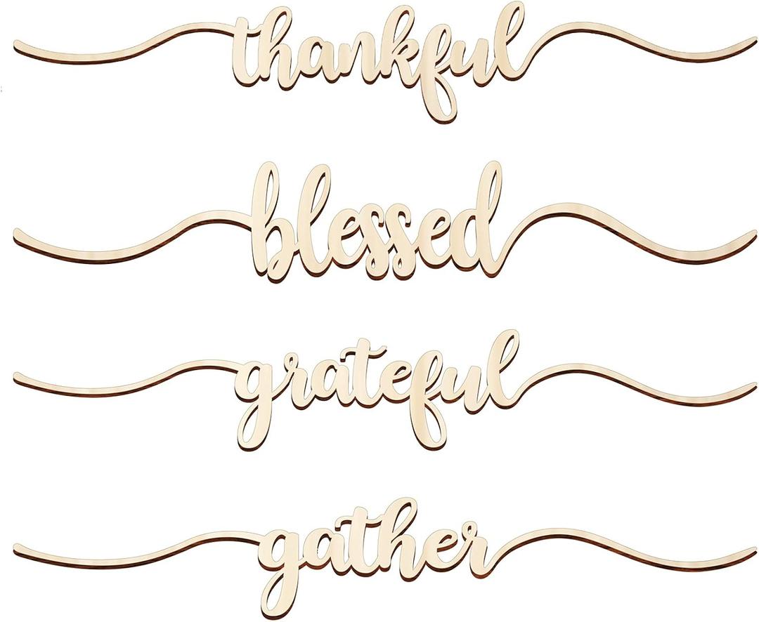 Jetec 8 Pieces Thanksgiving Cutout Signs Thankful Wood Cutout Plate Sign Grateful Blessed Gather Table Sign Decorations Rustic Wood Wall Decor for Thanksgiving Christmas, 2 x 9.8 in (Wood Color)