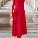 PRETTYGARDEN Women's 2025 Fashion Trendy Fall Long Sleeve Dresses Ruched Flowy Elegant Modest Boho Casual Beach Maxi Dress (Red, L)