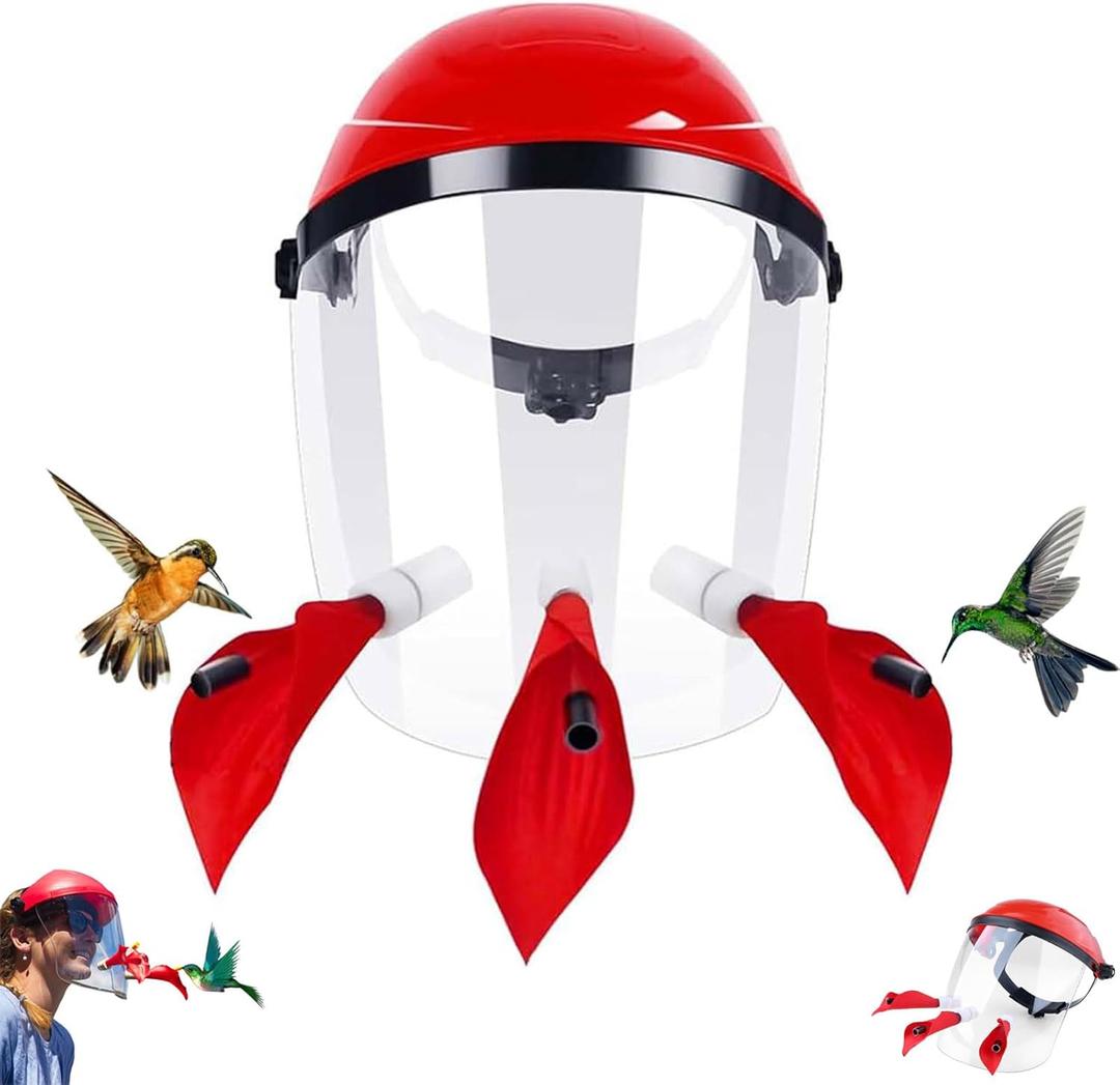 Hummingbird Feeder Helmet | Hands-Free Outdoor Bird Feeder | 3 Feeding Ports | Adjustable Headband | Lightweight & Durable PVC, Red