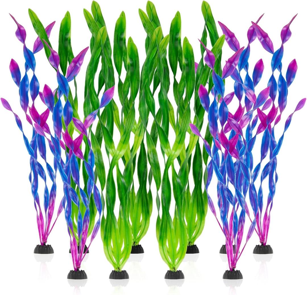 RAINFLOW Artificial Aquarium Plants Decorations - 10Pcs Green & Purple Tall Artificial Seaweed Fish Tank Decorations,Aquarium Decor Set,Plastic Plants Betta Fish Tank Accessories