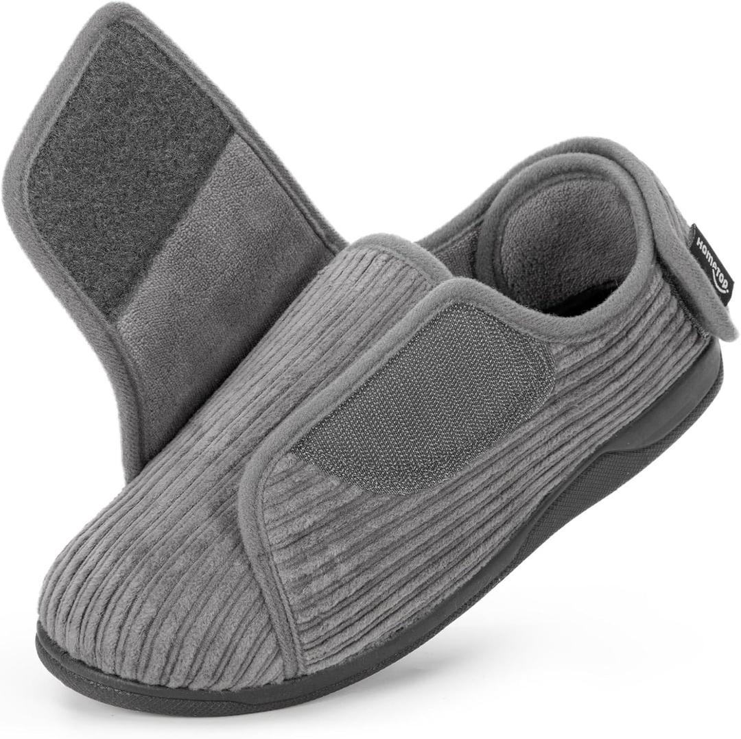 HomeTop Women's Corduroy Slippers Comfy Adjustable Hook and Loop Memory Foam Indoor Closed-back House Shoes for Diabetic Swollen Feet (10, Ultimate Gray)