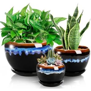 Pack of 3 Ceramic Flower Pots, Gardening Drip Glazed Planter, Plant Pot with Drainage Hole and Saucer, 7/5/4 Inch Rustic Houseplant Container for Succulent Herbs Cactus Orchid, Home Indoor Outdoor