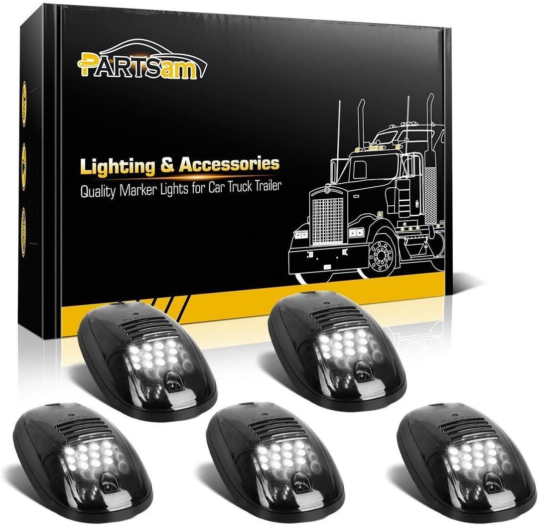 Partsam 5pcs 12LEDs Smoke/White Cab Roof Top Marker Running Lights 264146BK Replacement for Dodge Ram 2003-2018 (Smoked Lens/White Lights)