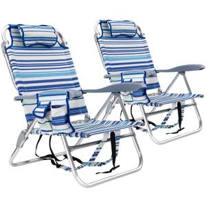 Backpack Beach Camping Chairs with 8 Positions Lay Flat, 2 Pack Lightweight Folding Beach Chair with Adjustable Headrest, Pouch, Cup Holder for Outdoor Lawn Picnic, Support 300LBS(Stripes_Blue & Cyan)