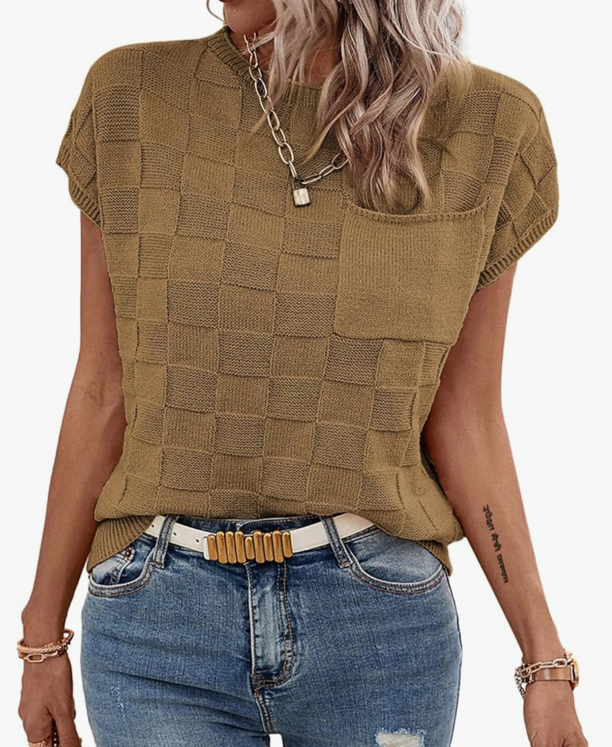 SHEWIN Womens Short Sleeve Sweater Casual Crewneck Summer Tops Lightweight Cap Sleeve Knit Sweater Vest Tops,XL