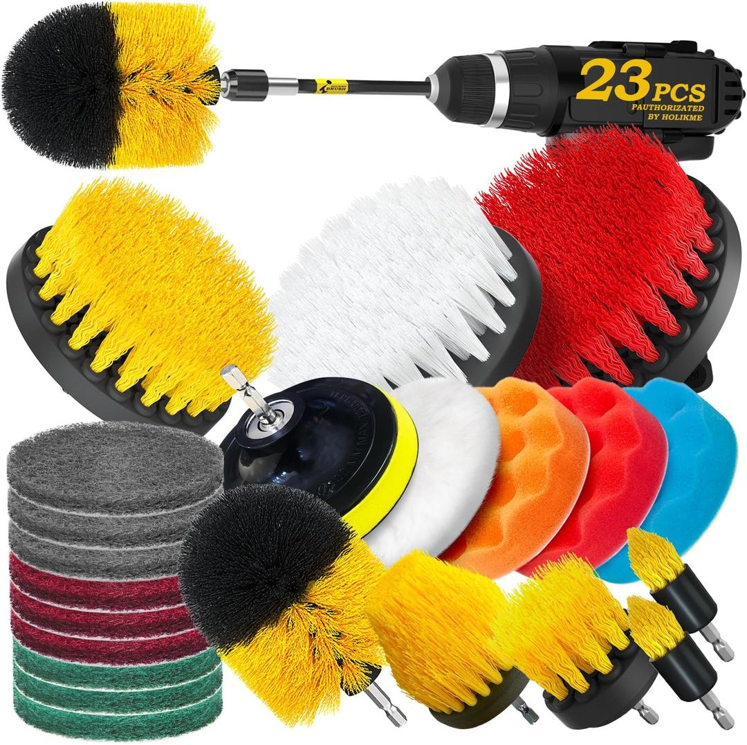 Holikme 23Pack Drill Brush Attachments Set, Scrub Pads & Sponge, Buffing Pads, Power Scrubber Brush with Extend Long Attachment, Car Polishing Pad Kit,Cleaning SuppliesMasonry Brushes,Scratch Brushes (Yellow)