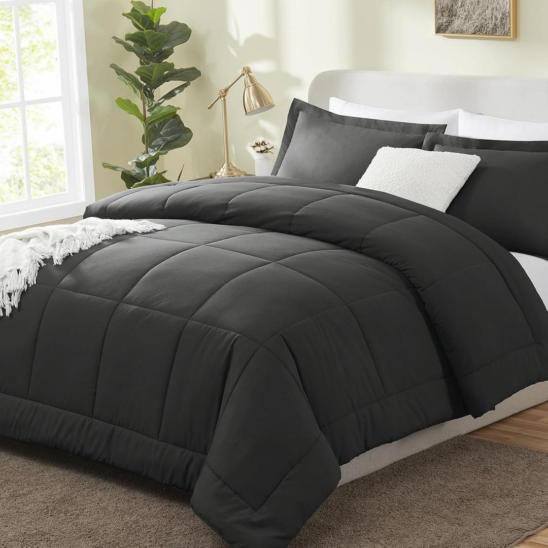 CozyLux Queen Size Comforter Sets - Dark Grey Comforter Queen Size, 3 Pieces Box Stitched Soft Lightweight Bed Set, All Season Gray Bedding Sets with 1 Down Alternative Comforter and 2 Pillow Shams