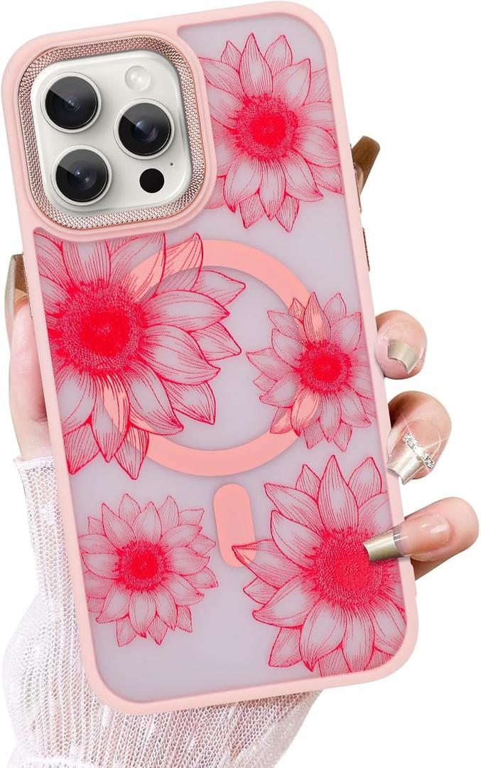 OOK Pink Case Design for iPhone 16 Pro Case [Compatible with MagSafe], Cute Sunflower Floral Blooms Design Frosted Shockproof for Women Girls Magnetic Phone Cover - Pink Flower