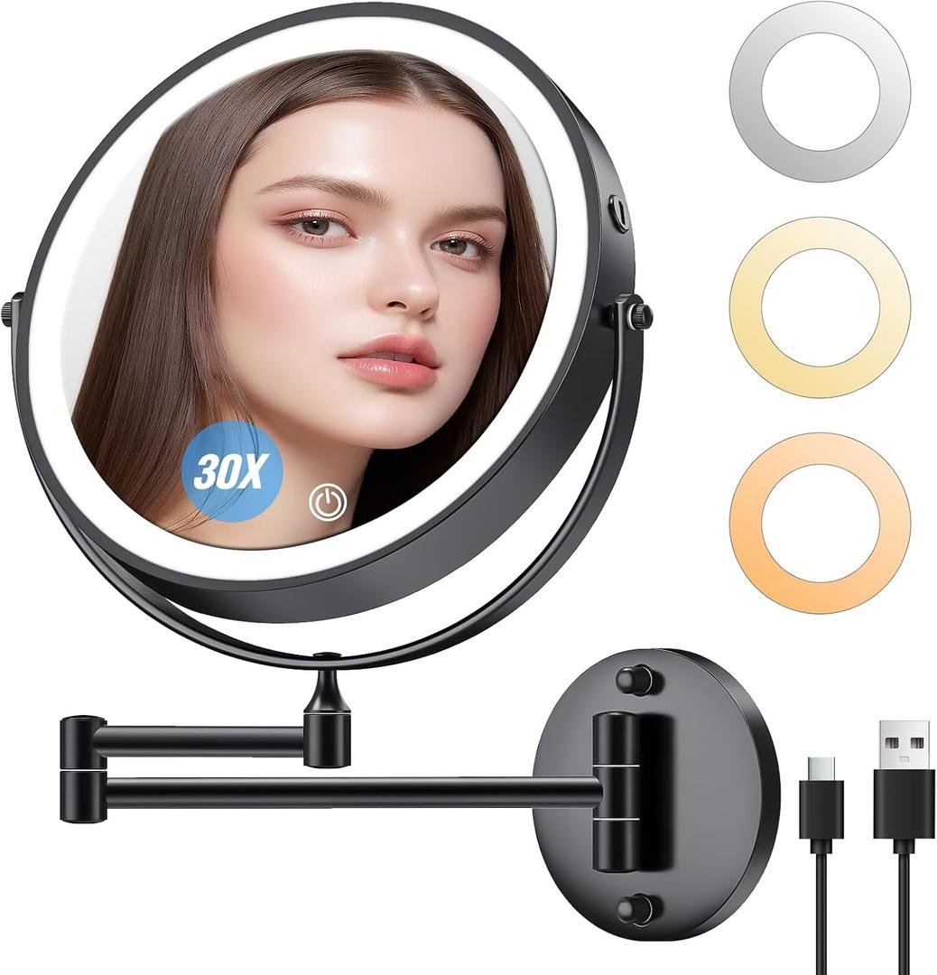 Rechargeable Wall Mounted Lighted Makeup Mirror 30X Magnifying Mirror with Light Dimmable LED Bathroom Mirror Black 360Swivel Adjustable Vanity Mirror Arm (Black 1, 8.3" L x 9.5" W)